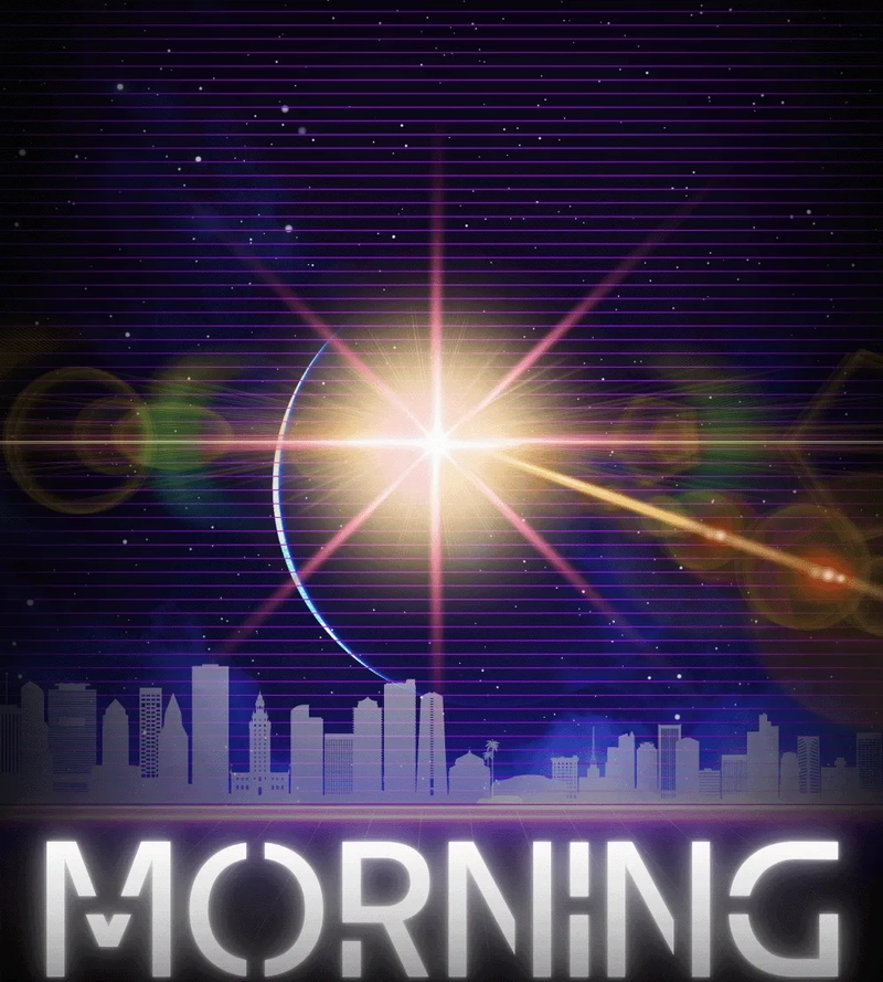 a light shines from above the shadow of a building